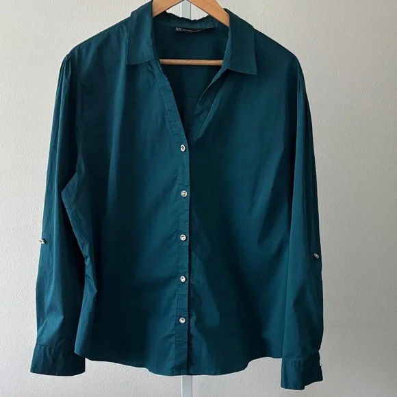 Teal Long Sleeve Blouse XXL Rhinestone Buttons Office Chic Minimalist Workwear - Picture 8 of 15